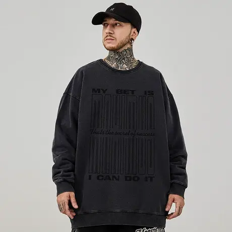 大码美式重磅复古胖子男装潮流宽松水洗做旧圆领卫衣加绒春秋冬款商品大图