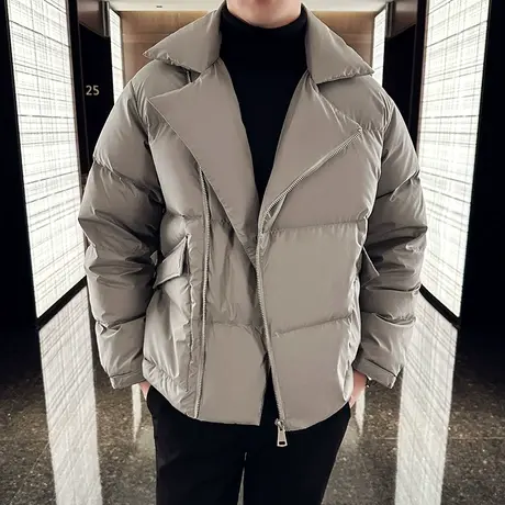 西装大翻领轻薄羽绒服男冬季短款白鸭绒保暖外套男休闲宽松面包服商品大图