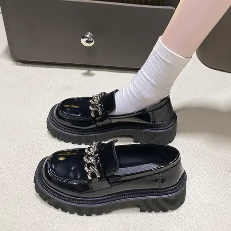 复古英伦风小皮鞋女2023春秋新款松糕厚底乐福鞋一脚蹬百搭单鞋潮商品大图