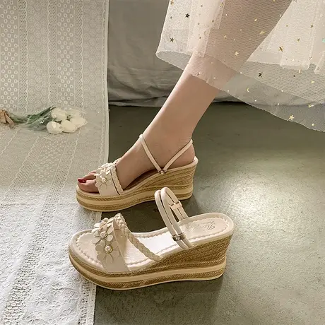 仙女风坡跟凉鞋女夏2024年新款百搭松糕厚底增高两穿凉拖鞋ins潮商品大图