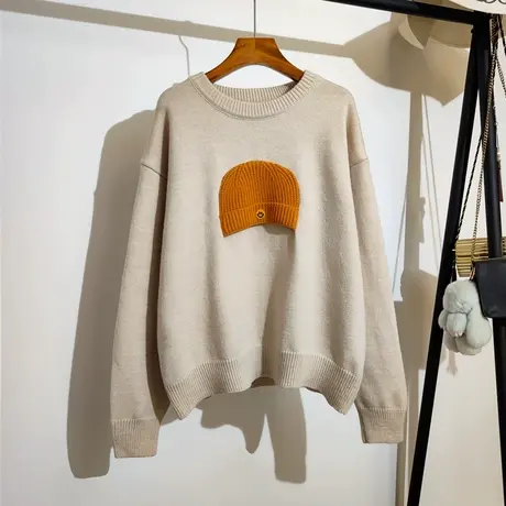 笑脸帽子毛衣女套头秋冬新款圆领宽松打底内搭休闲针织衫上衣外穿图片