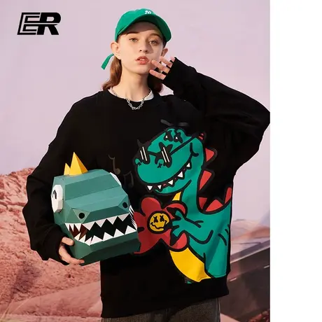 ER大恐龙印花国潮卫衣男圆领2023秋季新款薄款情侣装上衣潮牌bf风商品大图