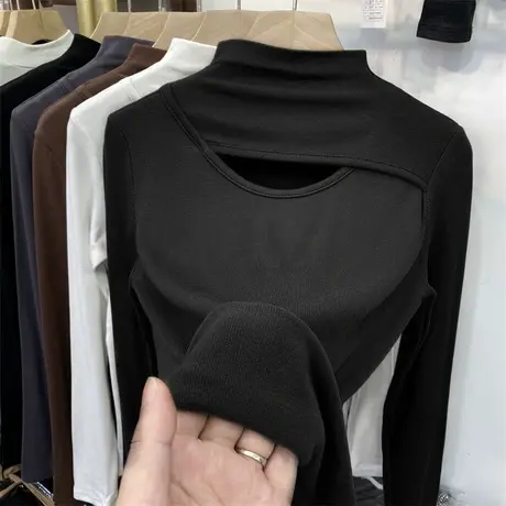 半高领春秋冬季加绒保暖自热打底衫长袖t恤女设计感内搭上衣服潮商品大图