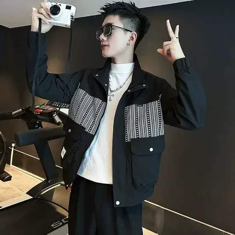 工装外套男春秋季重磅秋装上衣条纹拼接高级感立领机车服日系夹克图片