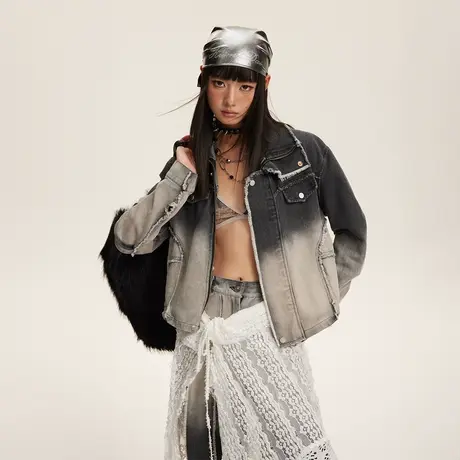 复古潮牌渐变色毛边牛仔外套女春秋2024新款短款宽松oversize夹克商品大图