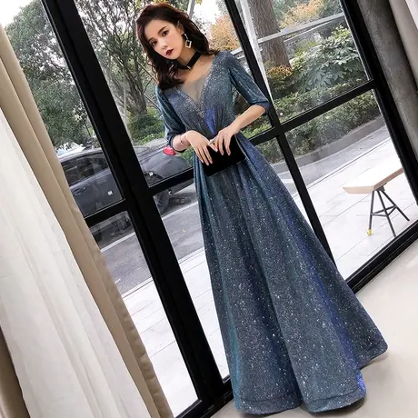 年会晚礼服裙女2024新款名媛宴会气质主持人高端大气长款优雅蓝色商品大图