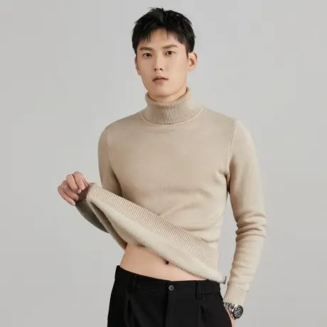 一体绒高领毛衣男士打底衫保暖针织衫加绒加厚内搭上衣韩版修身潮商品大图