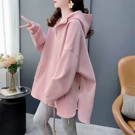 设计感半拉链连帽卫衣女春秋2024新款宽松慵懒风大码百搭外套上衣图片