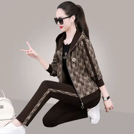 女士休闲运动服套装2024年春秋季新款洋气压花连帽卫衣外套三件套商品大图