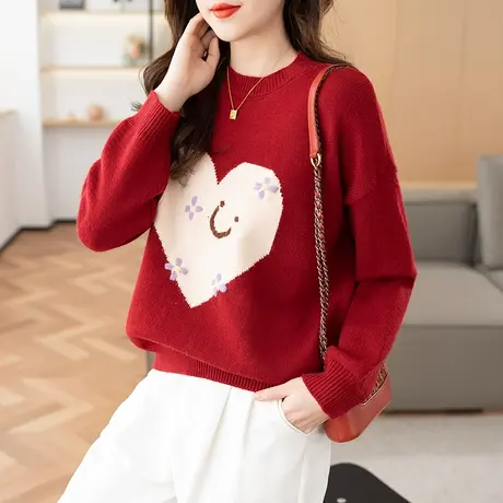 23187春装圆领针织衫拼色爱心长袖拼接上衣套头百搭宽松毛衣女商品大图