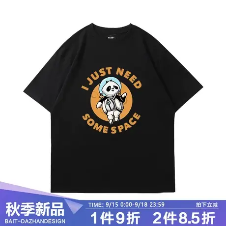 美式卡通熊猫宇航员印花短袖t恤男宽松潮流夏季纯棉圆领休闲半袖商品大图