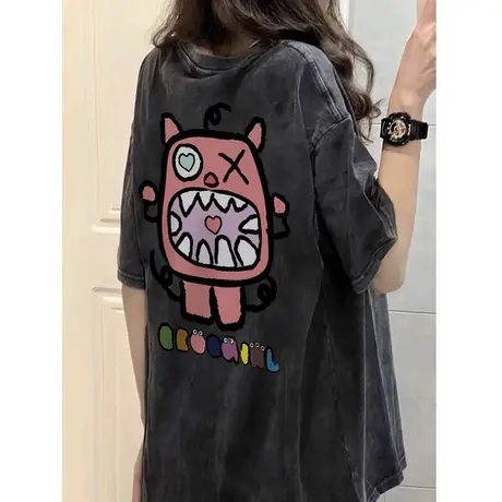 纯棉水洗做旧美式复古短袖t恤女春夏季设计感ins潮牌宽松大码上衣商品大图