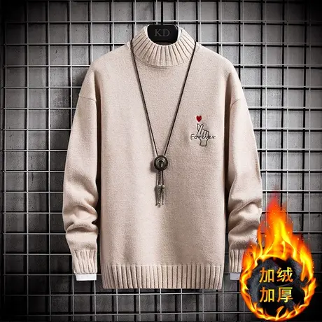 男士半高领毛衣加绒加厚冬装学生大码羊绒针织衫保暖羊毛衫线衣潮商品大图