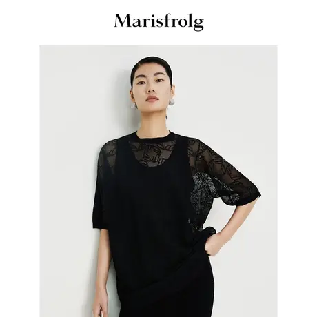 【商场同款】玛丝菲尔2023年夏季新款黑色五分袖镂空提花针织上衣商品大图