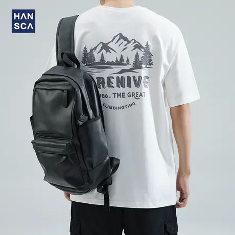 hansca 260g短袖t恤男夏季新款潮牌百搭休闲运动纯棉印花白色体恤图片