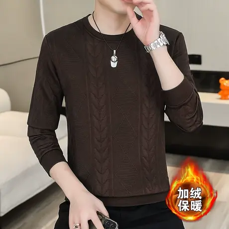 2023秋冬新款男士加绒加厚提花长袖T恤衫加肥加大码打底小衫卫衣图片