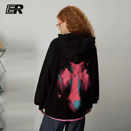 【张东尼专享】ER十字架贴布印花卫衣男2024春情侣连帽开衫外套商品大图