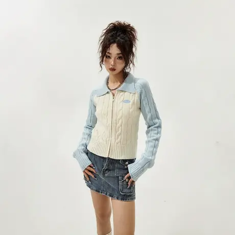 YEP设计感蓝色拼接短款拼接毛衣女春秋2024新款针织衫外套开衫潮商品大图