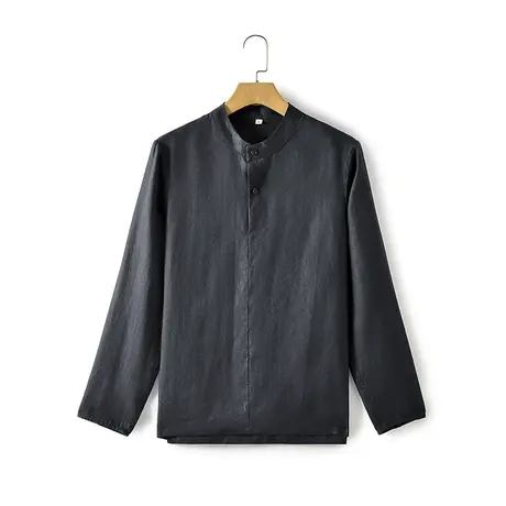 亚麻休闲衬衫男2024春季新款宽松男士百搭立领长袖衬衣复古上衣潮商品大图