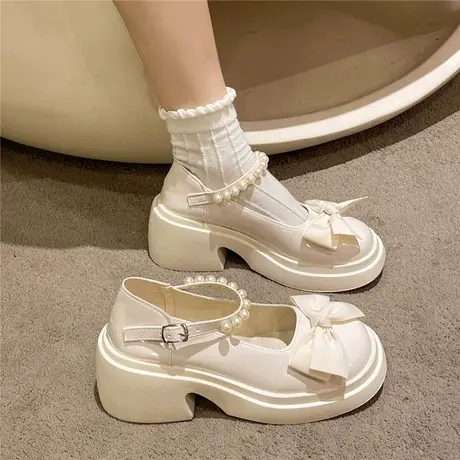 白色法式玛丽珍小皮鞋女厚底中跟增高蝴蝶结配裙子单鞋温柔高跟鞋商品大图
