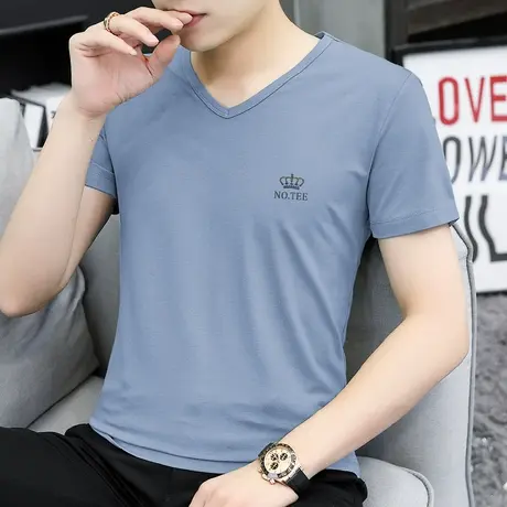 莫代尔冰丝t恤男短袖V领上衣服潮流夏季速干凉感半袖体恤简约百搭商品大图