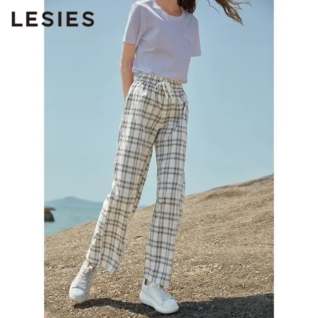 蓝色倾情春夏新款女秋 复古格子松紧腰抽绳长款休闲裤直筒裤商品大图