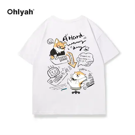 Ohlyah潮牌小狗涂鸦字母短袖t恤男女白色宽松纯棉2023年新款体恤图片