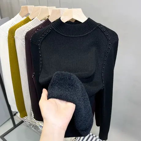 加绒半高领毛衣女一体绒打底衫2023秋冬新款钉珠针织衫内搭厚上衣图片