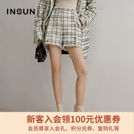 恩裳冬季经典时尚流苏格子短裤直筒粗花呢休闲裤女宽松商品大图