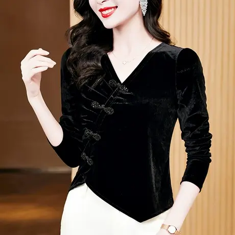 复古丝绒打底衫女长袖秋冬2023新款性感V领开叉T恤时尚盘扣上衣潮商品大图