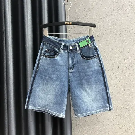 韩版撞色休闲潮流五分裤港味女夏新款显瘦高腰个性a字牛仔直筒裤商品大图