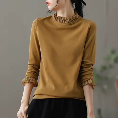 dza拼接纯棉长袖t恤女士秋季新款漂亮上衣百搭短款宽松内搭打底衫商品大图