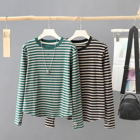 条纹长袖T恤女2023年秋季新款宽松休闲显瘦显高体恤短款打底上衣图片