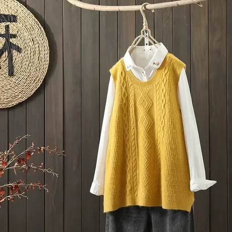 枫谜2021年秋装新款文艺简约圆领针织马甲女菱形针织无袖休闲毛衣图片