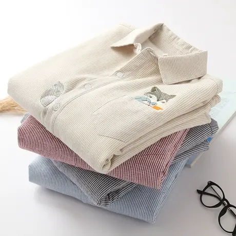 冬季新款韩版百搭保暖刺绣打底衬衣女学生加绒加厚竖条纹长袖衬衫商品大图