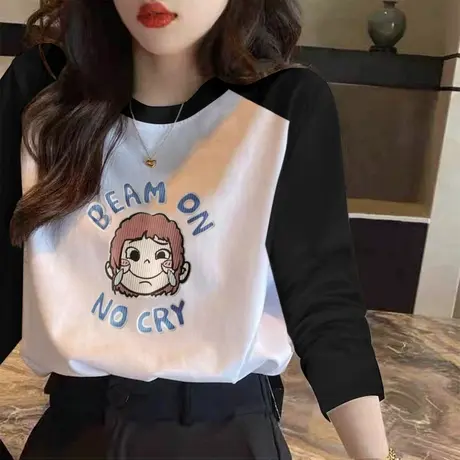 长袖T恤女纯棉圆领春秋款2022冬季宽松时尚插肩袖内搭磨毛打底衫商品大图