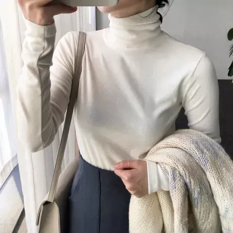 2023新款高领打底衫女内搭薄款常规长袖T恤白色学生高中少女百搭商品大图