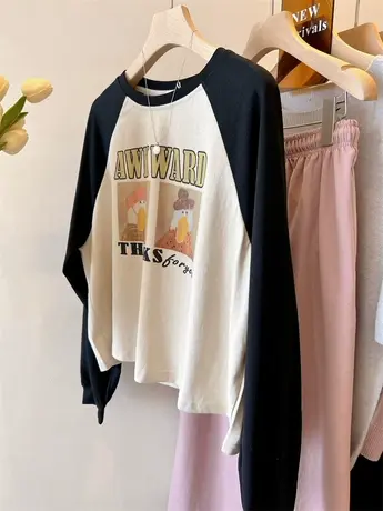 韩国new 戴帽趣味鸭子复古撞色 拼接袖子宽松休闲短款T恤女 上衣商品大图