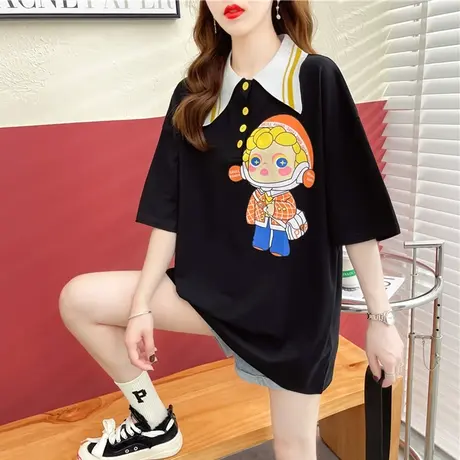 设计感小众polo领短袖t恤女夏韩版宽松大码女装中长款半袖上衣服图片