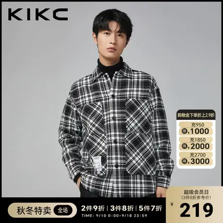 kikc衬衫男2023秋季新款商场同款多口袋黑白复古格纹潮流长袖外套图片