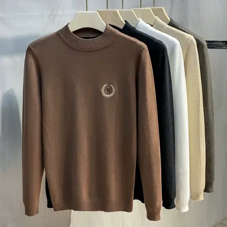 仿羊绒中领毛衣男款刺绣韩版潮流男士半高领打底衫内搭修身针织衫商品大图