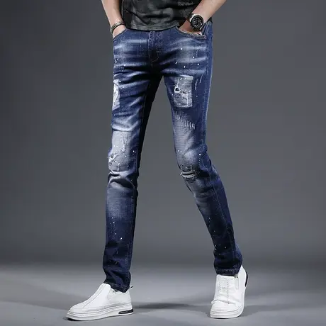 蓝色破洞牛仔裤男夏季薄款2023新款潮牌补丁修身小脚弹力男士裤子商品大图