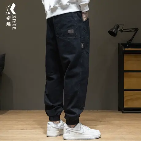 工装裤男款纯棉2023秋冬新款休闲裤宽松大码罗纹拼接束脚裤子冬季商品大图