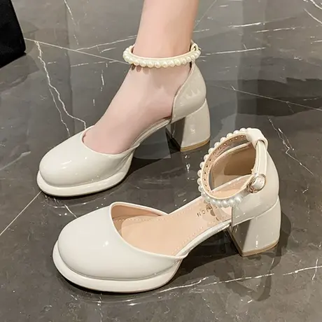 法式气质高跟鞋2023新款粗跟厚底仙女风珍珠玛丽珍鞋一字扣单鞋女商品大图