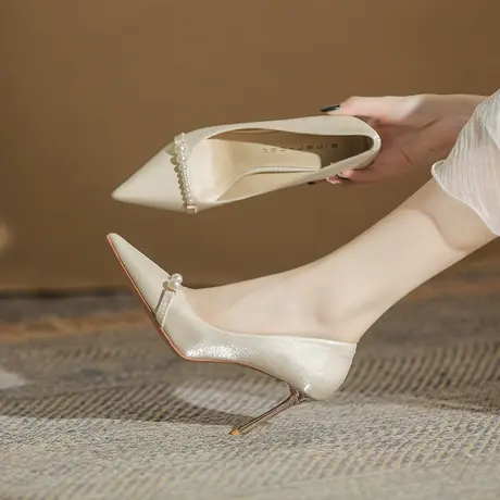2023春季新款法式新娘婚鞋女细跟性感浅口单鞋气质尖头珍珠高跟鞋图片