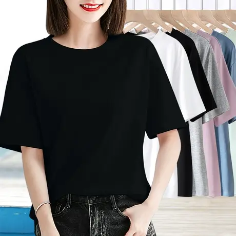 黑色圆领t恤女夏2024年新款纯棉短袖女装体恤半袖宽松上衣打底衫图片