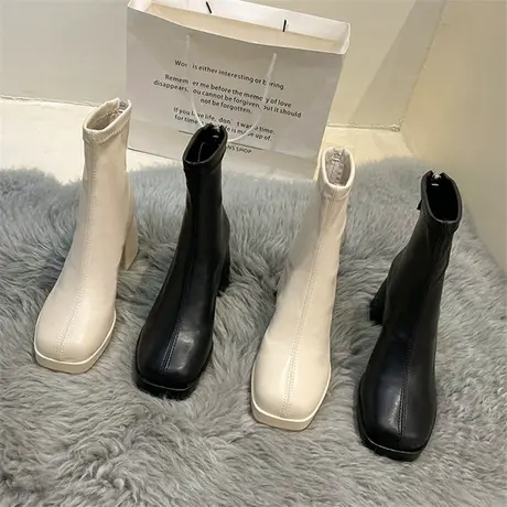 方头白色高跟短靴女秋季厚底马丁靴粗跟弹力靴防水台小踝靴瘦瘦靴图片