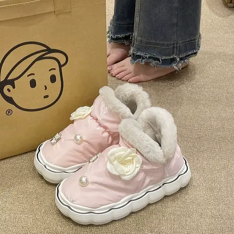 高帮包跟棉鞋女冬季可爱花朵加绒加厚保暖厚底防滑防水外穿雪地靴商品大图