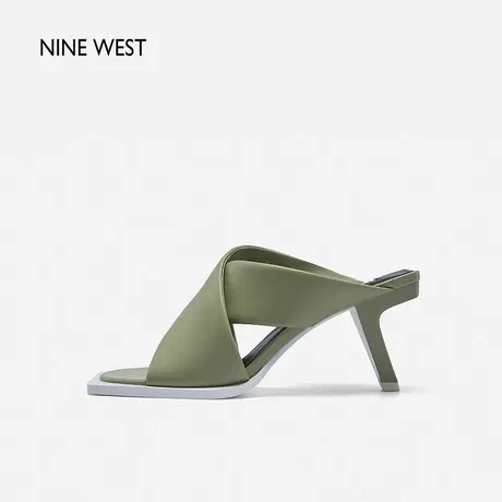 Nine West/玖熙交叉带拖鞋女高跟夏季新款方头回旋跟时尚真皮凉鞋图片