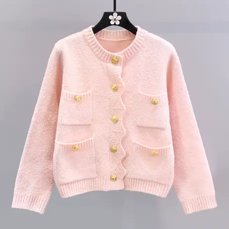 小香风高级感粉色毛衣外套女秋冬2022年新款宽松时尚短款针织开衫图片